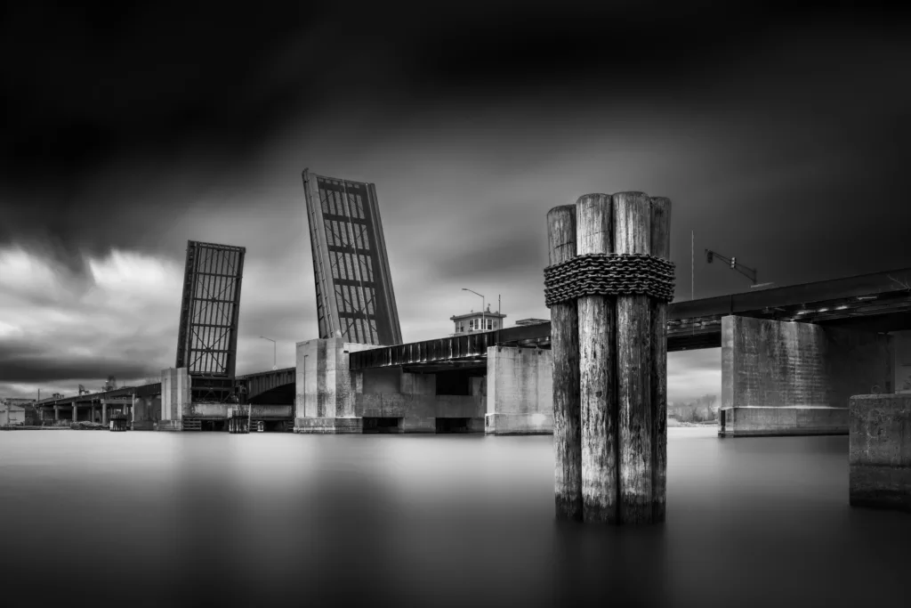 Long exposure of Independence Bridge in Bay City, Michigan in Black and White fine art