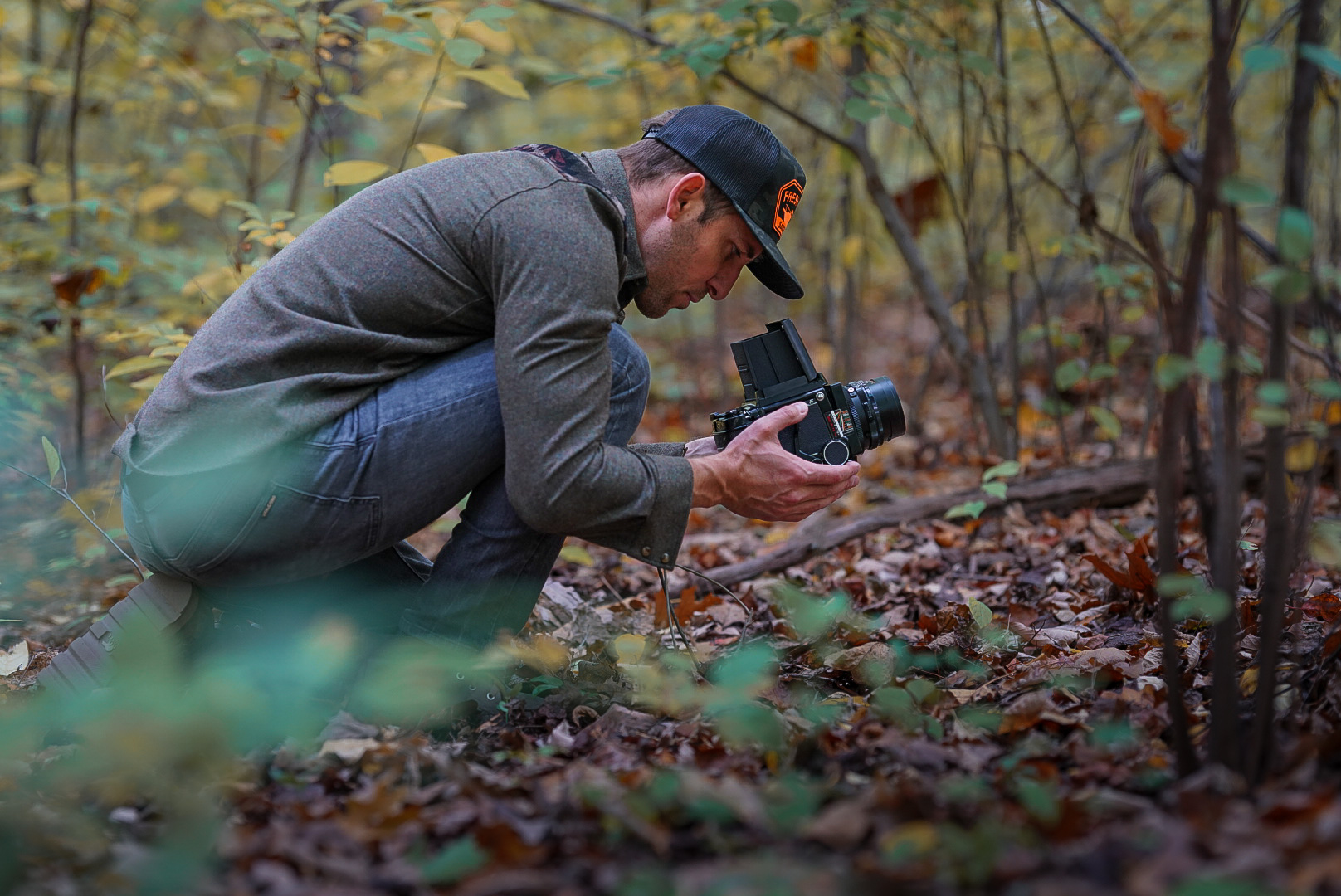 Film photography in the forrest with Daniel Mekis using a Mamiya RB67 camera