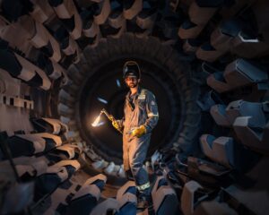 A construction worker holds a welding torch in an asphalt dryer drum